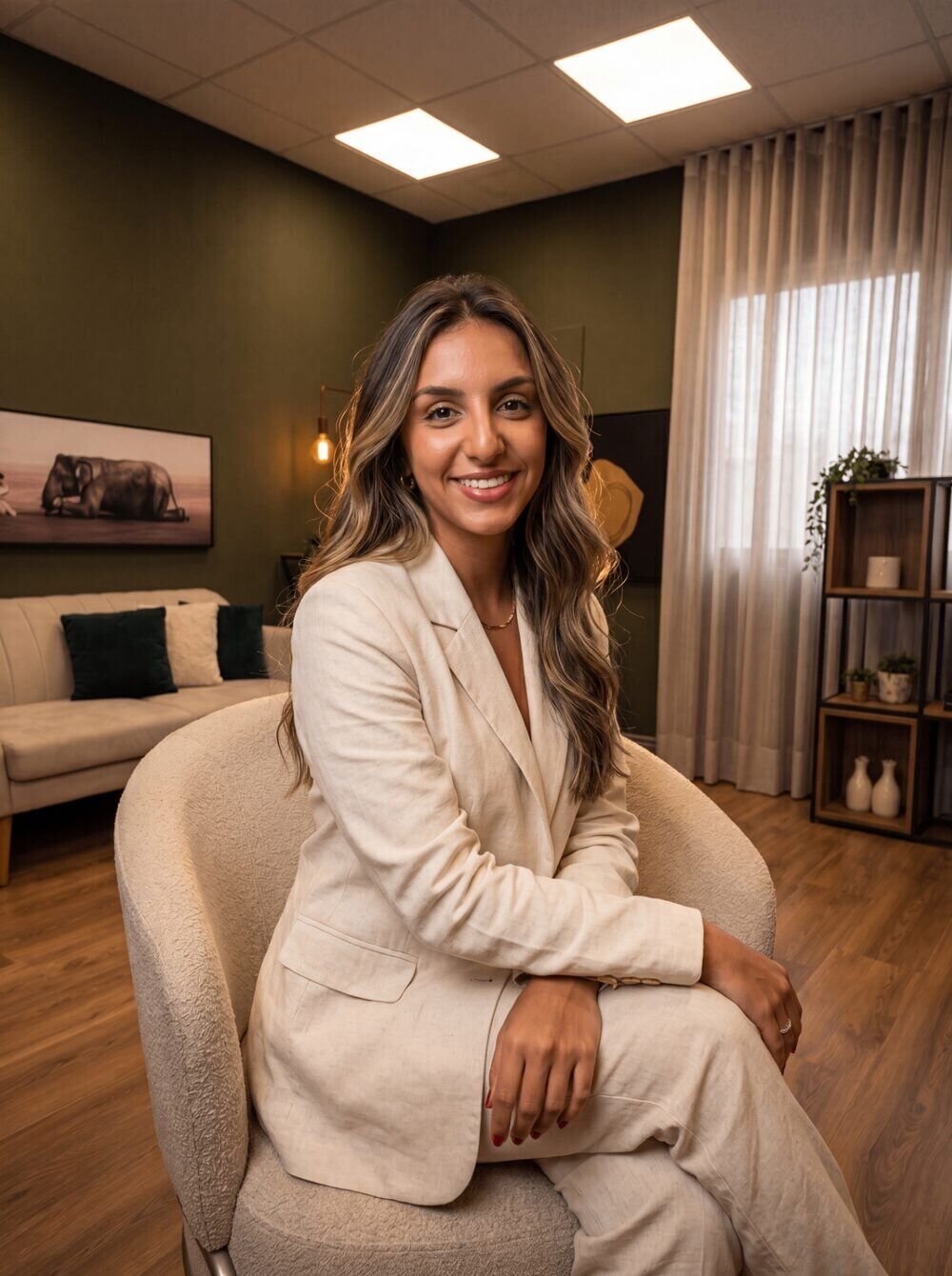 Natasha Mohamad sorrindo, sentada em poltrona boucle, escritório olive com sofá e estante de madeira